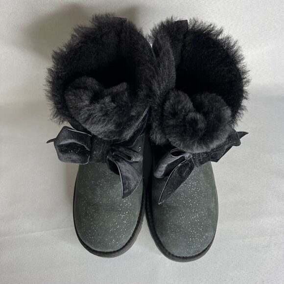 Women's Ugg Boots Sz 7 Black Gita Twinkle Bow Mini Bootie Satin Bow Glitter-like - Picture 14 of 16